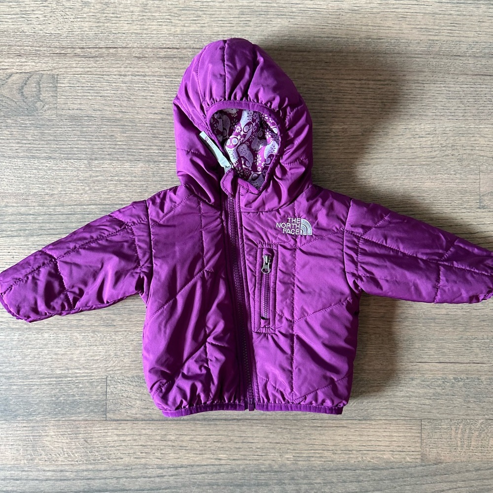 The North Face-Reversible Perrito Jacket-Purple or Owl Pattern-Size 3-6 months